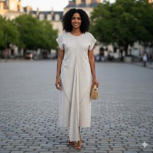 525 Sz XS Linen Blend Striped Nautical Relaxed Neutral Coastal Midi Dress